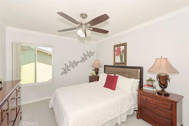 bedroom with baseboards, a ceiling fan, ornamental molding, and light colored carpet