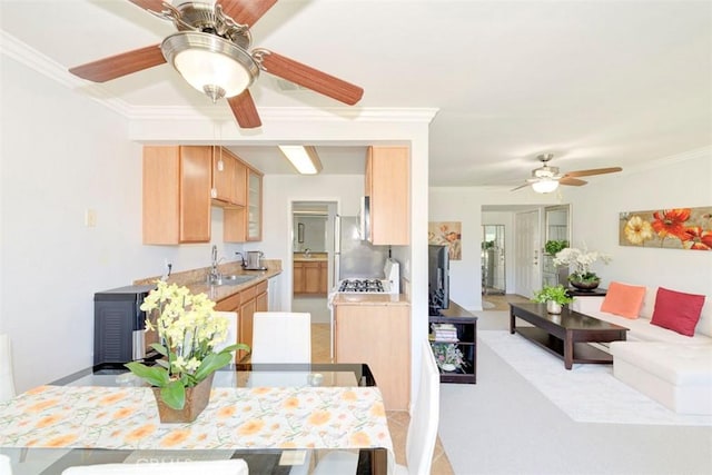 dining room with crown molding and ceiling fan