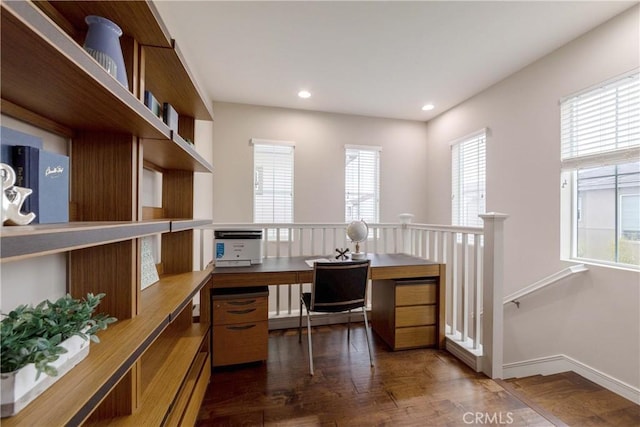 office area featuring baseboards, dark wood-style floors, and recessed lighting