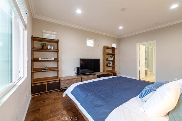 bedroom featuring wood finished floors, recessed lighting, and ornamental molding