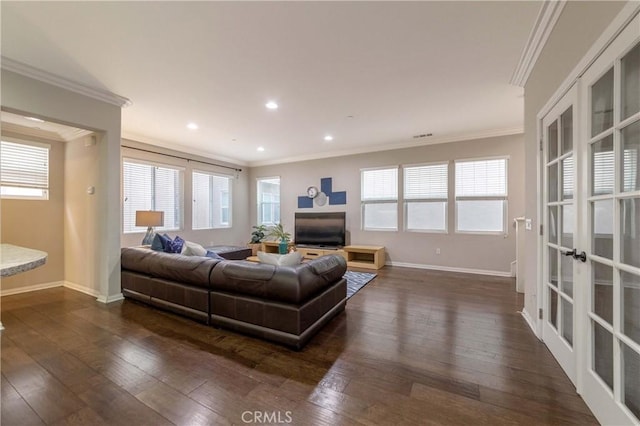 living area with baseboards, dark wood-style floors, ornamental molding, and plenty of natural light