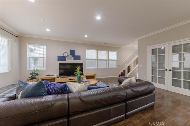 living room featuring ornamental molding, dark wood-style flooring, french doors, and stairs