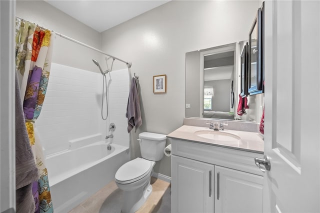 bathroom featuring shower / bath combination with curtain, toilet, and vanity
