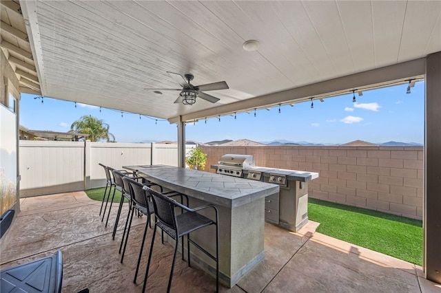 view of patio / terrace featuring exterior kitchen, grilling area, outdoor wet bar, and a fenced backyard