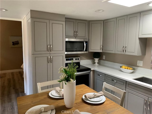 1441 Homewood Rd Unit M5-96B, Seal Beach, CA 90740 - kitchen featuring appliances with stainless steel finishes, gray cabinets, recessed lighting, wood finished floors, and butcher block counters