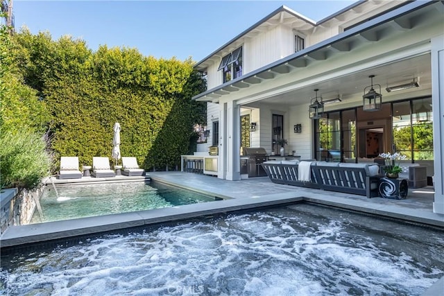 617 Anderson St, Manhattan Beach, CA 90266 - outdoor pool featuring grilling area, a jacuzzi, a patio, and an outdoor hangout area