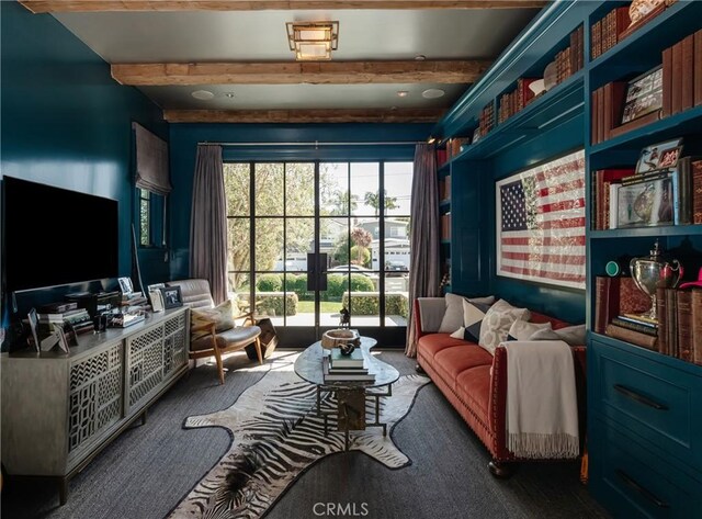 617 Anderson St, Manhattan Beach, CA 90266 - living area featuring beamed ceiling and carpet flooring