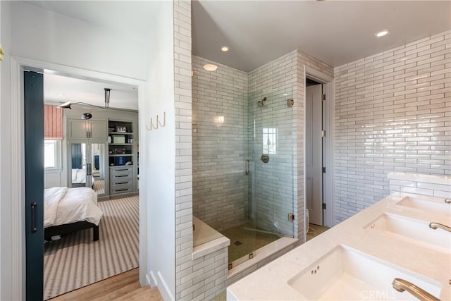 617 Anderson St, Manhattan Beach, CA 90266 - ensuite bathroom featuring a sink, ensuite bathroom, a stall shower, and wood finished floors