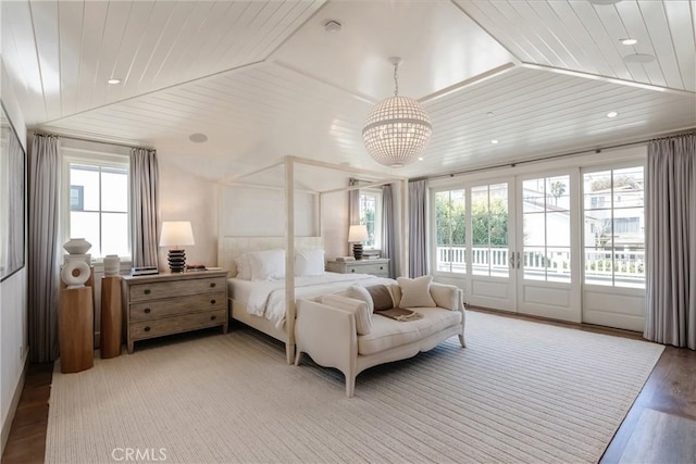 617 Anderson St, Manhattan Beach, CA 90266 - bedroom featuring light wood-style flooring, access to outside, wooden ceiling, and an inviting chandelier