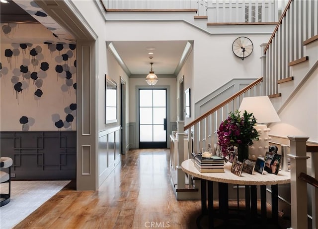 617 Anderson St, Manhattan Beach, CA 90266 - foyer entrance featuring wood finished floors, a high ceiling, and stairway