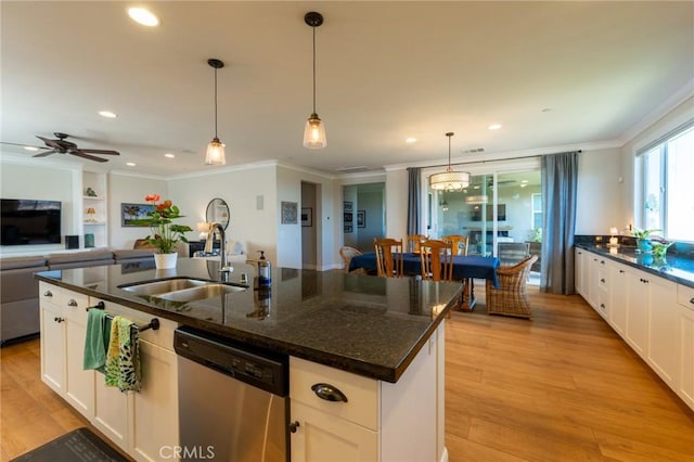 18182 Bissel Dr, Riverside, CA 92508 - kitchen with dishwasher, a sink, crown molding, white cabinets, and decorative light fixtures