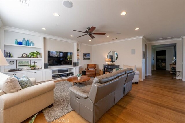 18182 Bissel Dr, Riverside, CA 92508 - living room with light wood-style flooring, ornamental molding, a ceiling fan, recessed lighting, and baseboards