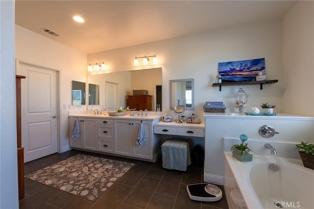 full bath featuring a bath, a sink, visible vents, and double vanity