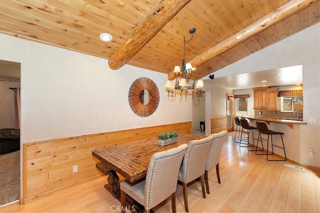 105 Olympic Dr, Big Bear Lake, CA 92315 - dining space with visible vents, lofted ceiling with beams, light wood-type flooring, a chandelier, and wood ceiling