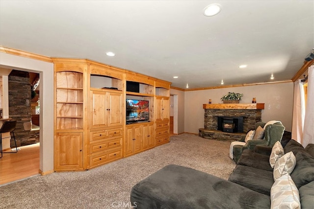 105 Olympic Dr, Big Bear Lake, CA 92315 - living area with a fireplace, carpet flooring, and crown molding