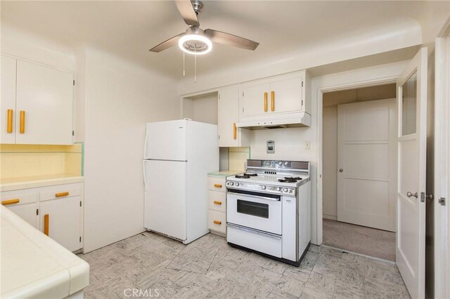3515 E 1st St, Long Beach, CA 90803 - kitchen featuring tile counters, white appliances, a ceiling fan, under cabinet range hood, and light floors