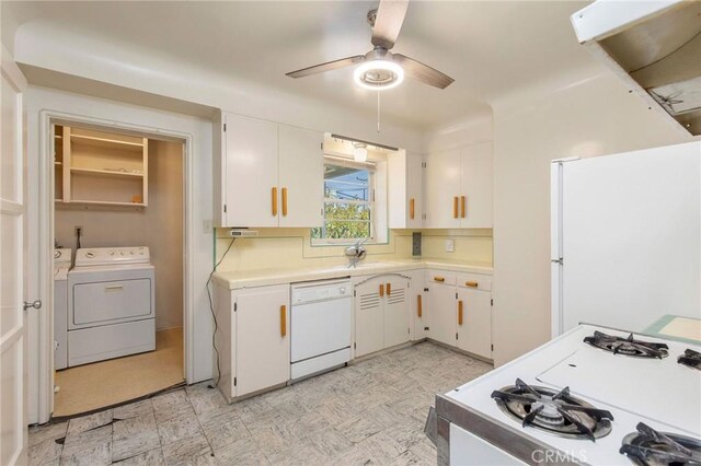 3515 E 1st St, Long Beach, CA 90803 - kitchen with white appliances, light countertops, a ceiling fan, white cabinets, and light floors