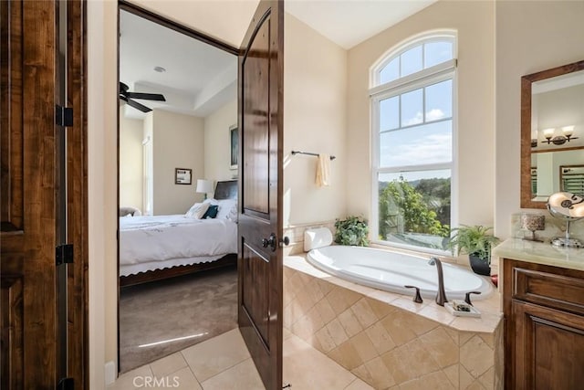 162 Valley View Pl, Arroyo Grande, CA 93420 - bathroom with connected bathroom, a garden tub, vanity, tile patterned flooring, and ceiling fan