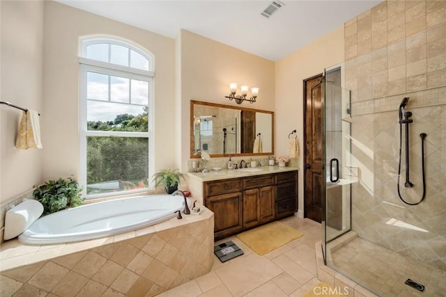 162 Valley View Pl, Arroyo Grande, CA 93420 - bathroom featuring vanity, a garden tub, a stall shower, and tile patterned floors