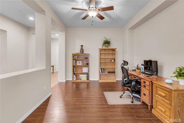 office area with recessed lighting, dark wood-style floors, baseboards, and ceiling fan