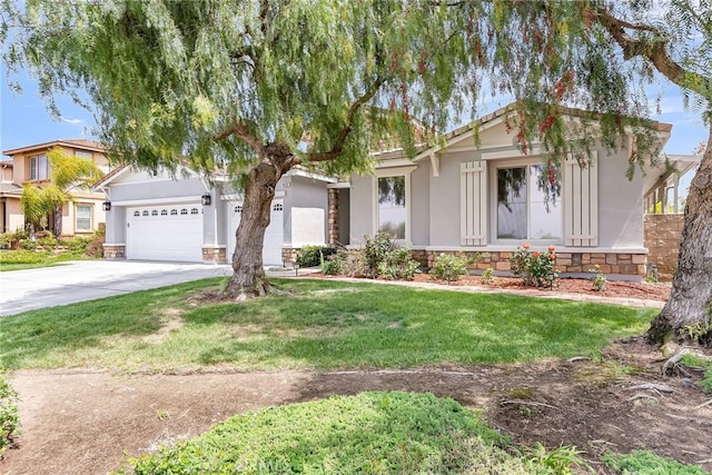 single story home with stucco siding, stone siding, a front lawn, an attached garage, and driveway
