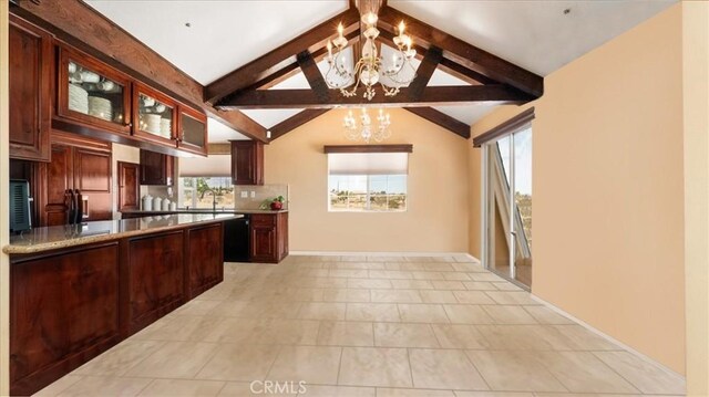4176 Goss Rd, Phelan, CA 92371 - kitchen featuring a chandelier, glass insert cabinets, plenty of natural light, and black dishwasher