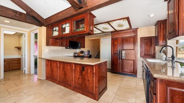 4176 Goss Rd, Phelan, CA 92371 - kitchen featuring paneled refrigerator, a peninsula, light stone countertops, light tile patterned floors, and recessed lighting