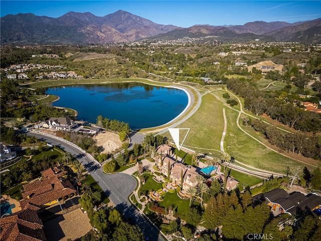 bird's eye view featuring a water and mountain view and a residential view