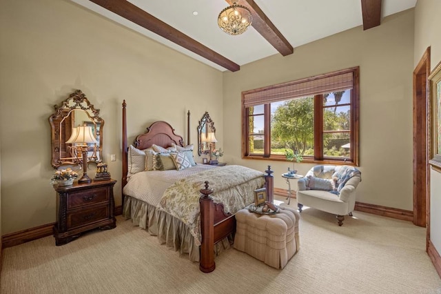6314 El Apajo, Rancho Santa Fe, CA 92067 - bedroom with beamed ceiling, light colored carpet, and a chandelier