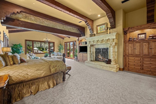 6314 El Apajo, Rancho Santa Fe, CA 92067 - carpeted bedroom with a chandelier, a premium fireplace, and recessed lighting