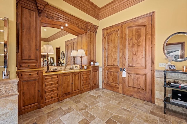 6314 El Apajo, Rancho Santa Fe, CA 92067 - full bath featuring vanity, stone tile floors, a wainscoted wall, and ornamental molding