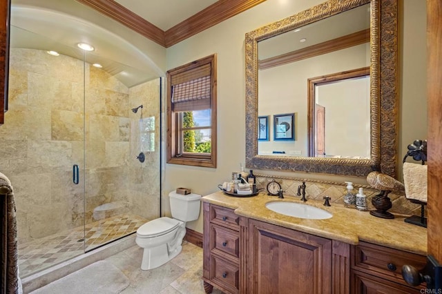 6314 El Apajo, Rancho Santa Fe, CA 92067 - bathroom featuring crown molding, vanity, a stall shower, and recessed lighting