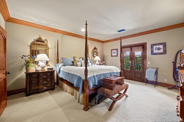 6314 El Apajo, Rancho Santa Fe, CA 92067 - bedroom featuring carpet, access to exterior, ornamental molding, french doors, and recessed lighting