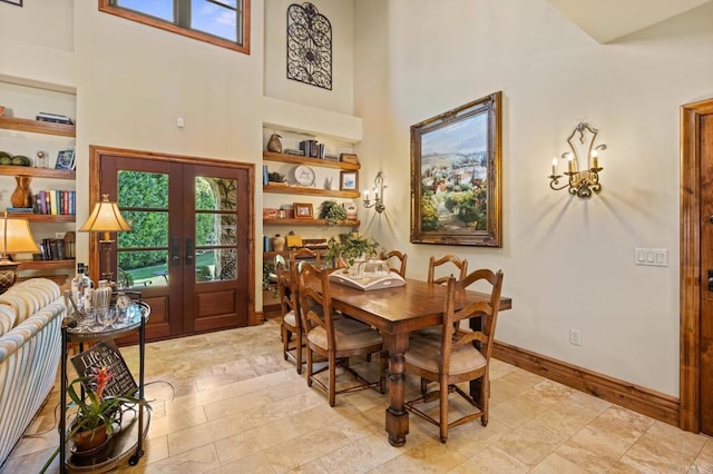 6314 El Apajo, Rancho Santa Fe, CA 92067 - dining area with a towering ceiling, french doors, and built in shelves