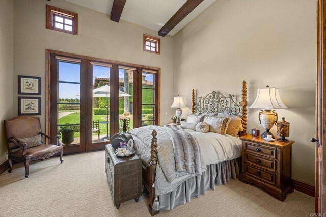 6314 El Apajo, Rancho Santa Fe, CA 92067 - bedroom with french doors, light colored carpet, access to outside, beam ceiling, and a high ceiling