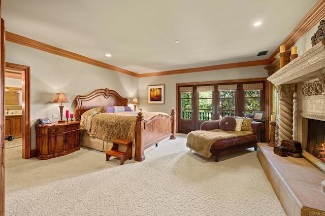 6314 El Apajo, Rancho Santa Fe, CA 92067 - carpeted bedroom featuring crown molding, a fireplace, and recessed lighting