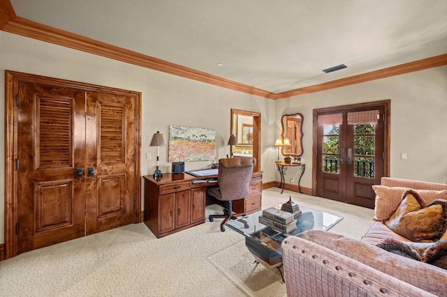 6314 El Apajo, Rancho Santa Fe, CA 92067 - home office with light carpet, crown molding, and french doors