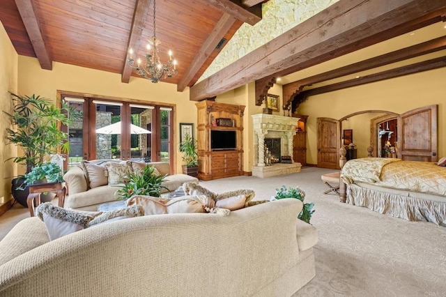 6314 El Apajo, Rancho Santa Fe, CA 92067 - living area with carpet floors, a chandelier, arched walkways, wooden ceiling, and a fireplace with raised hearth
