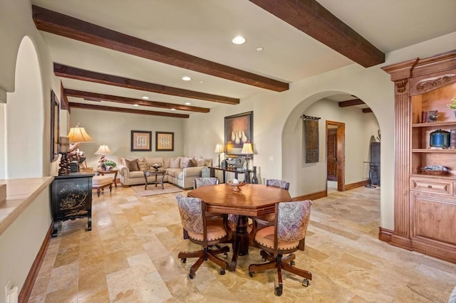 6314 El Apajo, Rancho Santa Fe, CA 92067 - dining room featuring arched walkways, beamed ceiling, and recessed lighting