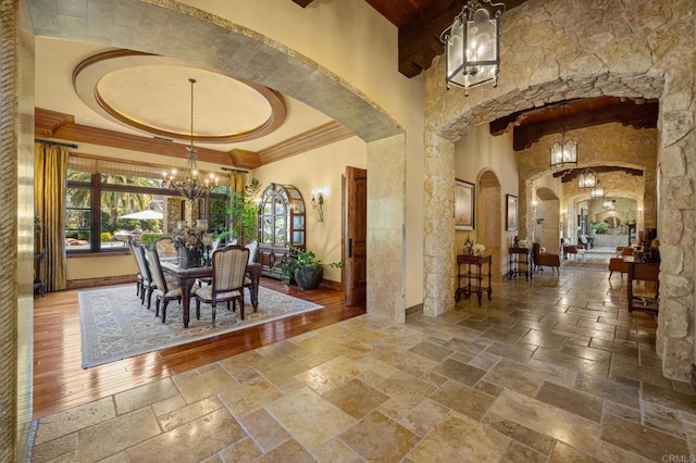6314 El Apajo, Rancho Santa Fe, CA 92067 - building lobby with a high ceiling, ornamental molding, and beam ceiling