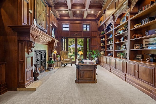 6314 El Apajo, Rancho Santa Fe, CA 92067 - office space with carpet, a high ceiling, ornamental molding, beamed ceiling, and wooden walls