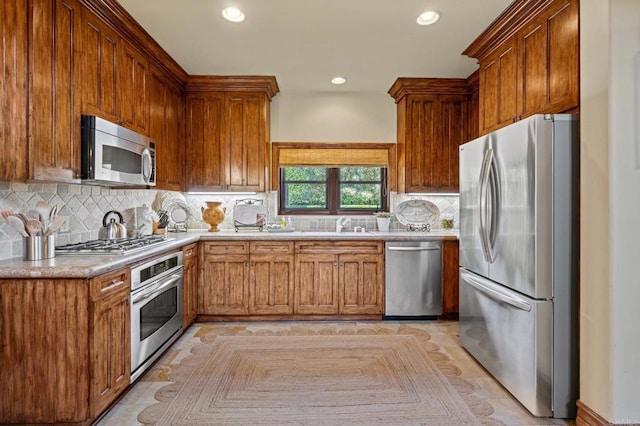 6314 El Apajo, Rancho Santa Fe, CA 92067 - kitchen with stainless steel appliances, light countertops, recessed lighting, decorative backsplash, and brown cabinetry