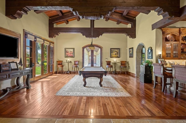 6314 El Apajo, Rancho Santa Fe, CA 92067 - recreation room featuring french doors, arched walkways, pool table, hardwood / wood-style flooring, and a wood ceiling with exposed beams