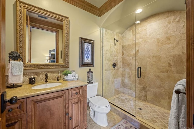 6314 El Apajo, Rancho Santa Fe, CA 92067 - full bathroom with a stall shower, ornamental molding, vanity, and backsplash