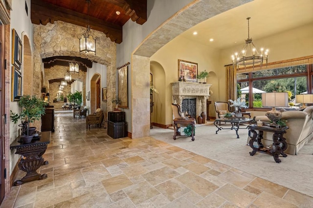 6314 El Apajo, Rancho Santa Fe, CA 92067 - lobby featuring a high ceiling, beamed ceiling, and recessed lighting