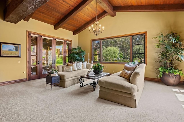 6314 El Apajo, Rancho Santa Fe, CA 92067 - living room with carpet floors, wooden ceiling, a chandelier, and french doors