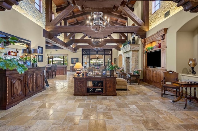 6314 El Apajo, Rancho Santa Fe, CA 92067 - community lobby with a towering ceiling and beamed ceiling