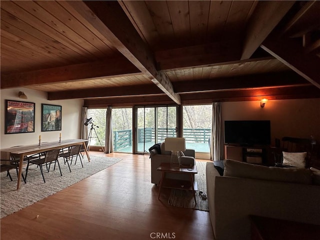39500 Canyon Dr, Forest Falls, CA 92339 - living area with wood ceiling, beam ceiling, and wood finished floors