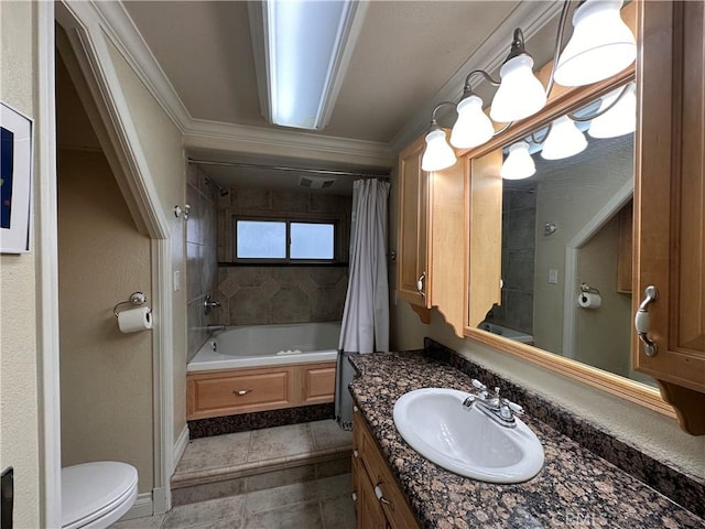 39500 Canyon Dr, Forest Falls, CA 92339 - full bath featuring vanity, shower / bath combo, tile patterned floors, crown molding, and toilet