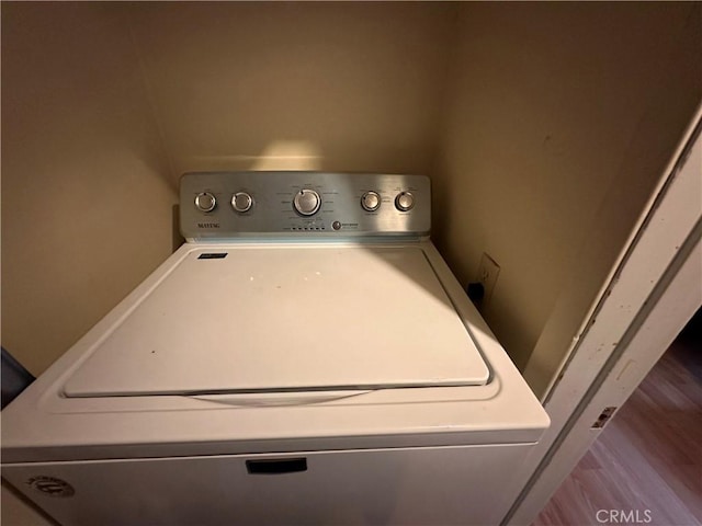 39500 Canyon Dr, Forest Falls, CA 92339 - laundry area with washer / dryer, wood finished floors, and laundry area